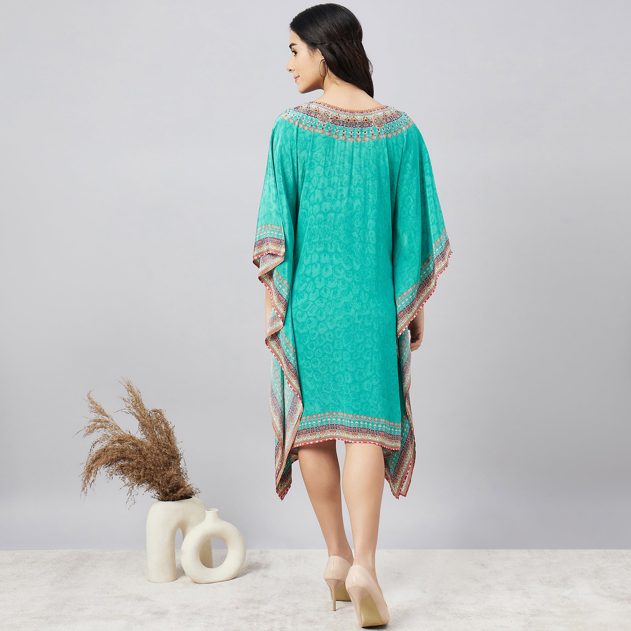 Green Pearl Embellished Kaftan Tunic