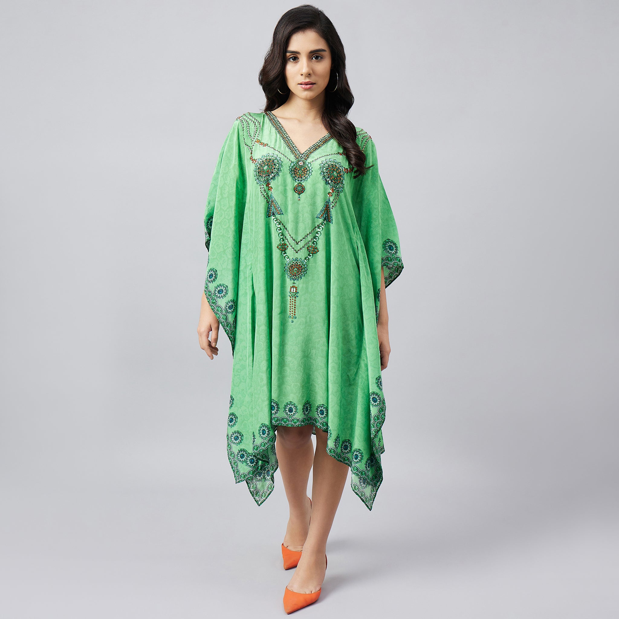 Parrot Green Pearl Embellished Kaftan Tunic