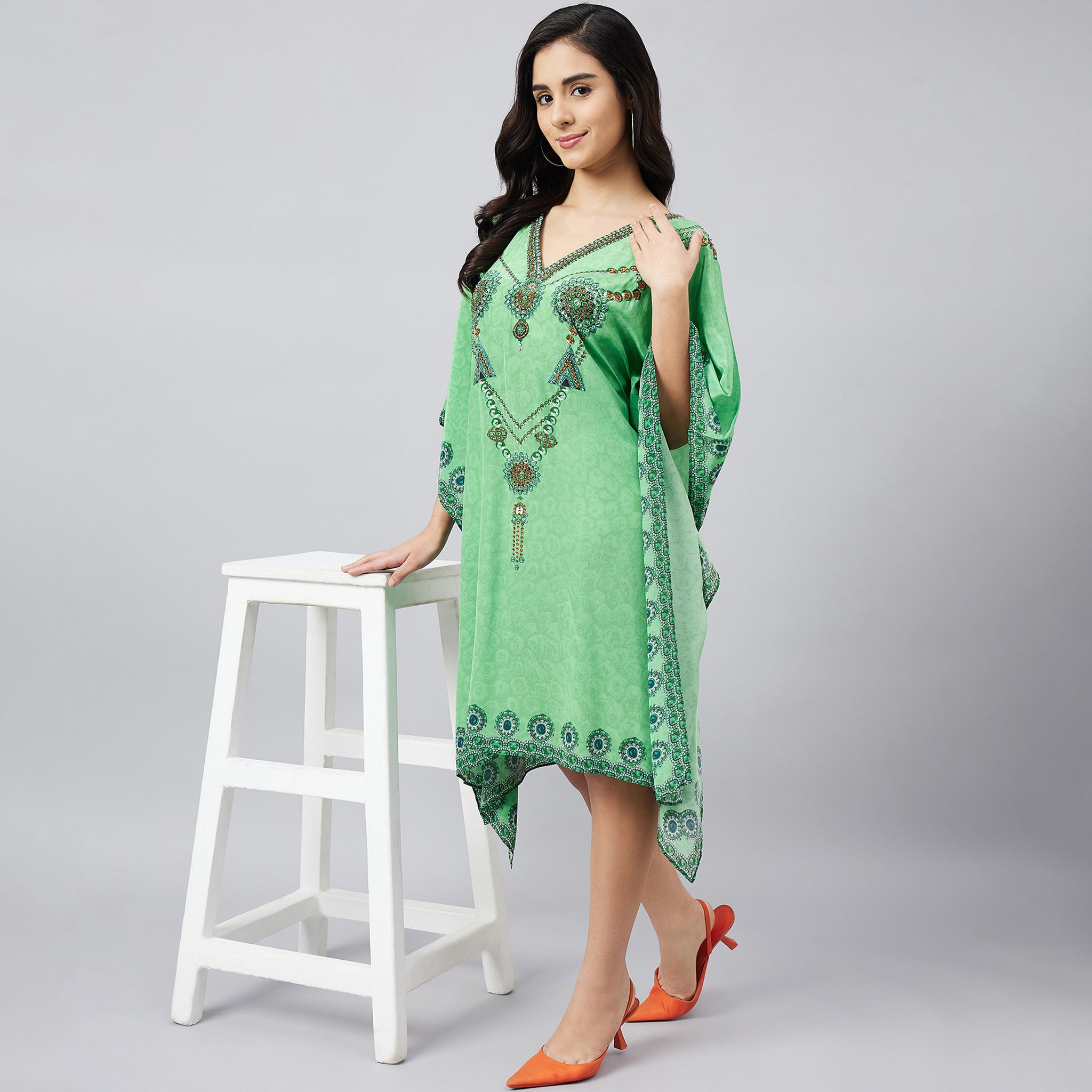 Parrot Green Pearl Embellished Kaftan Tunic