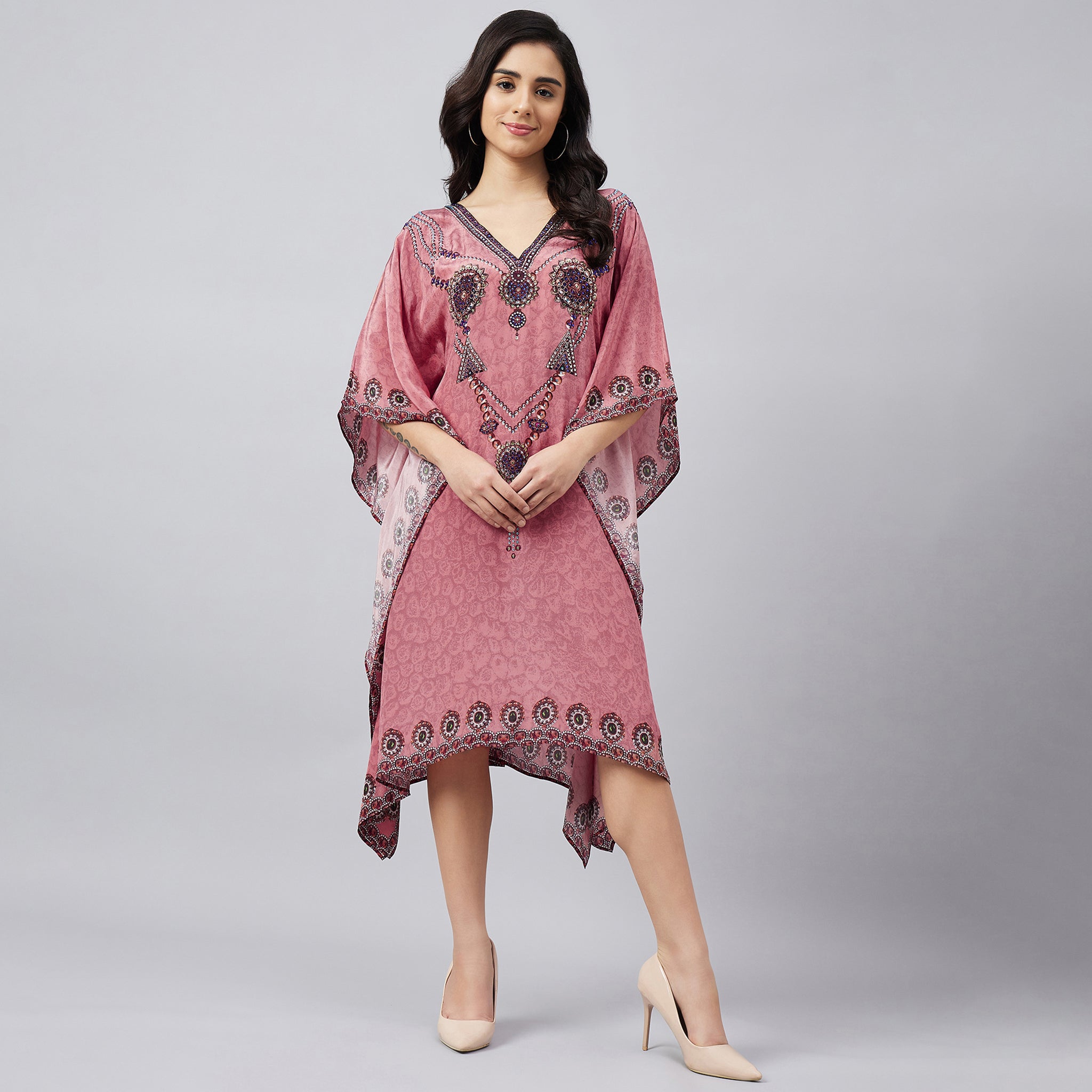 Rouge Pink Pearl Embellished Kaftan Tunic