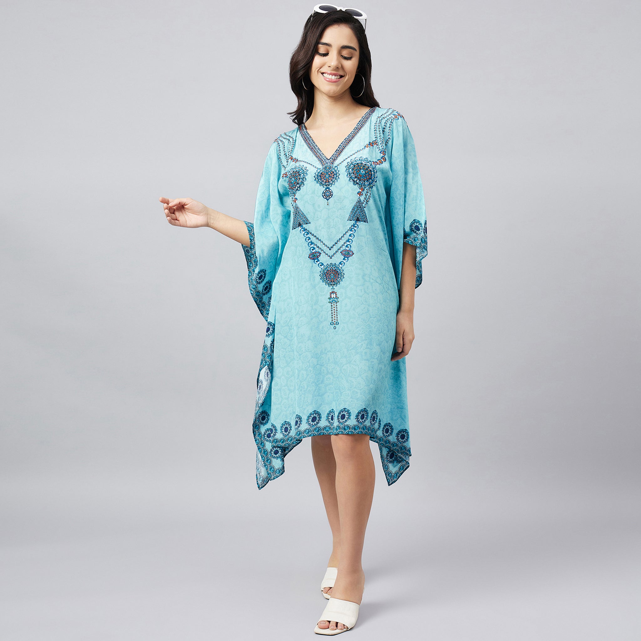 Sky Blue Pearl Embellished Kaftan Tunic