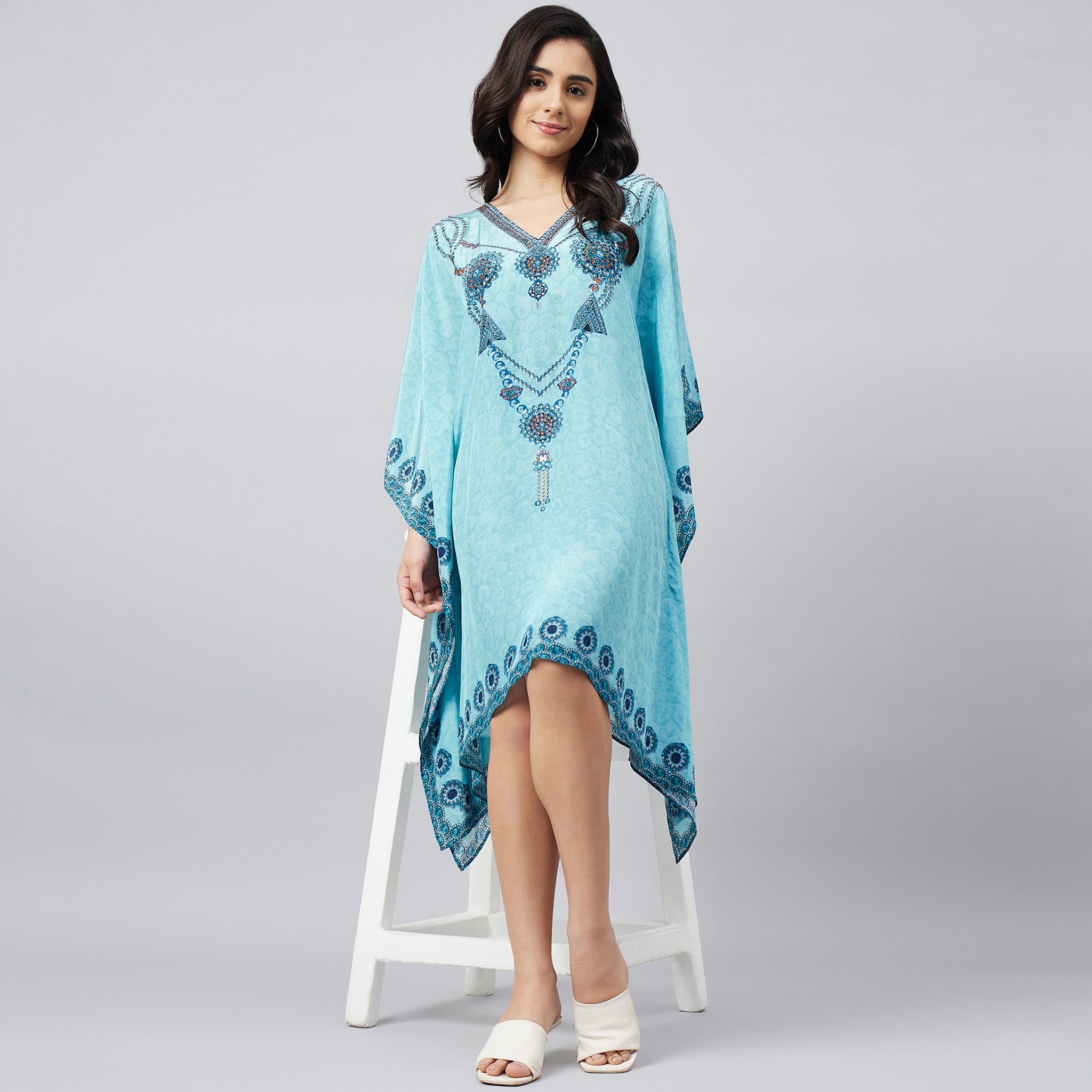 Sky Blue Pearl Embellished Kaftan Tunic