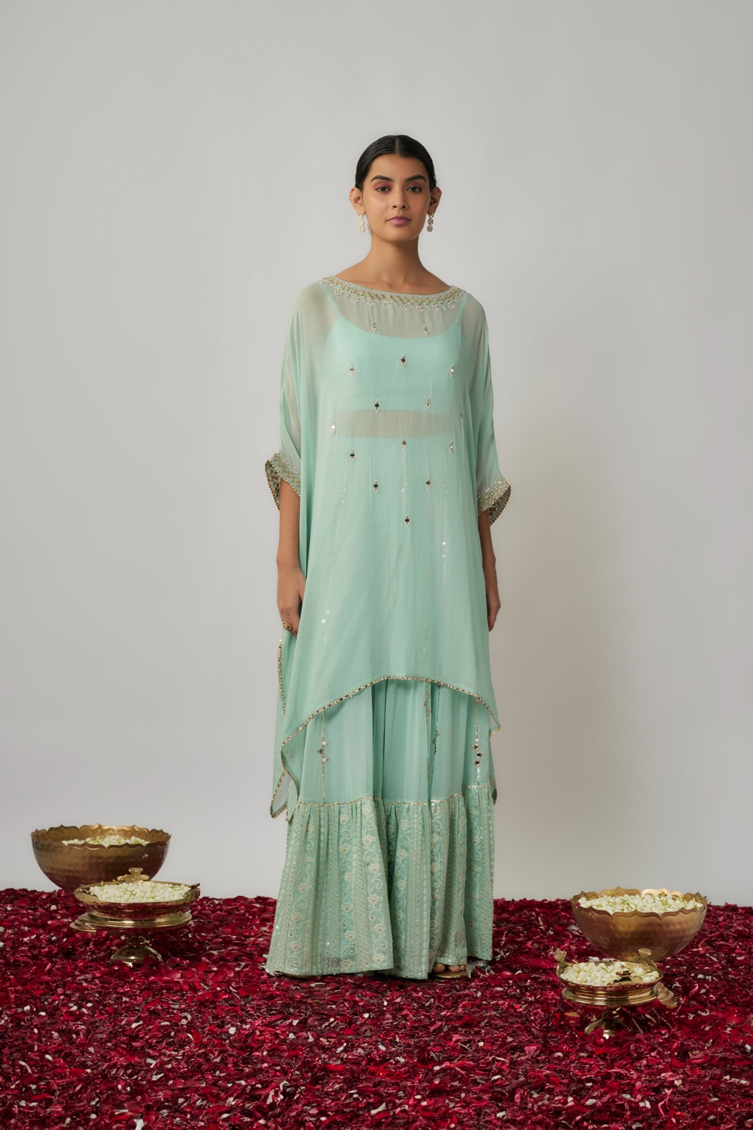 Embroidered Georgette Kaftan And Sharara Set