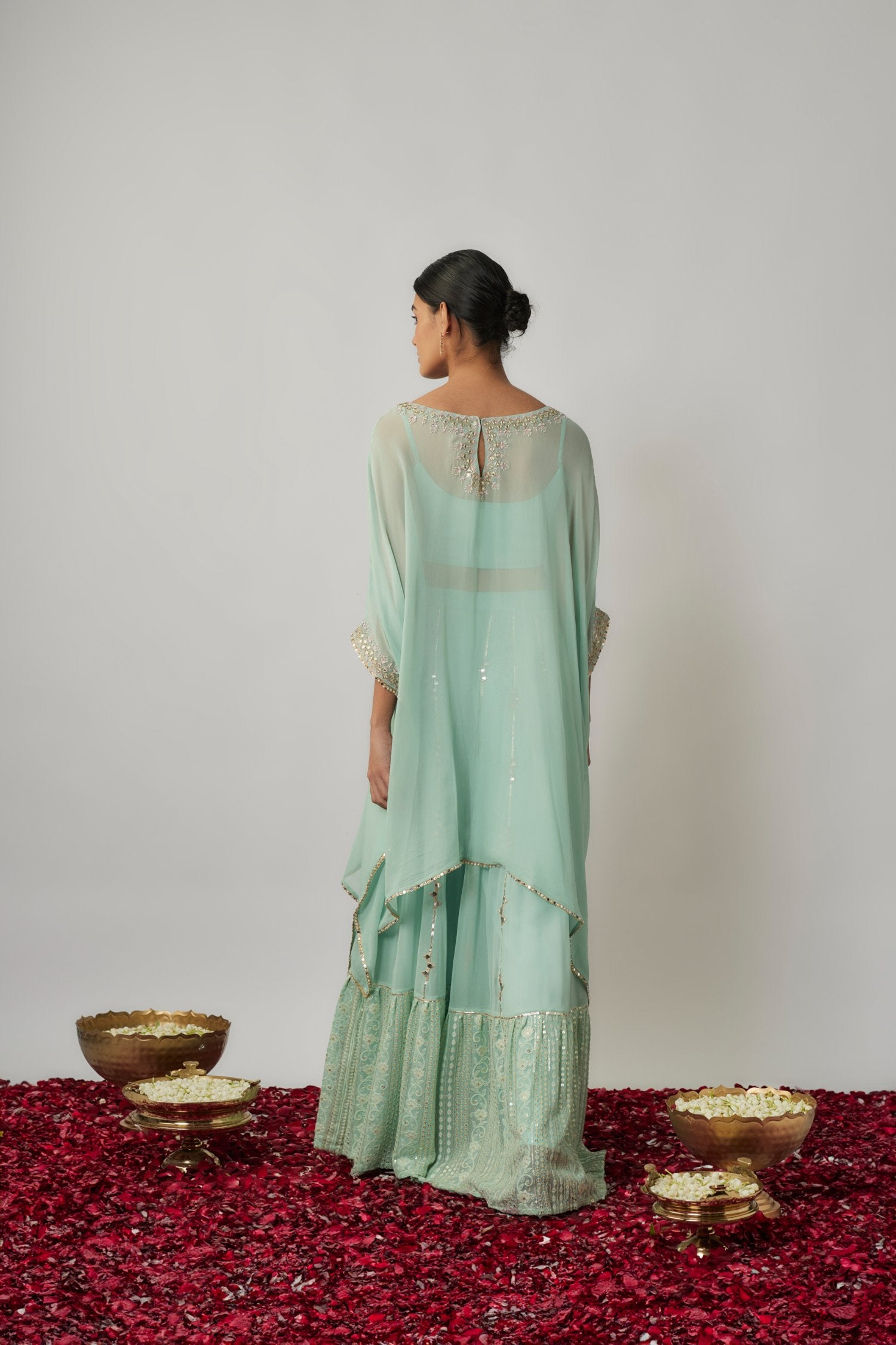 Embroidered Georgette Kaftan And Sharara Set