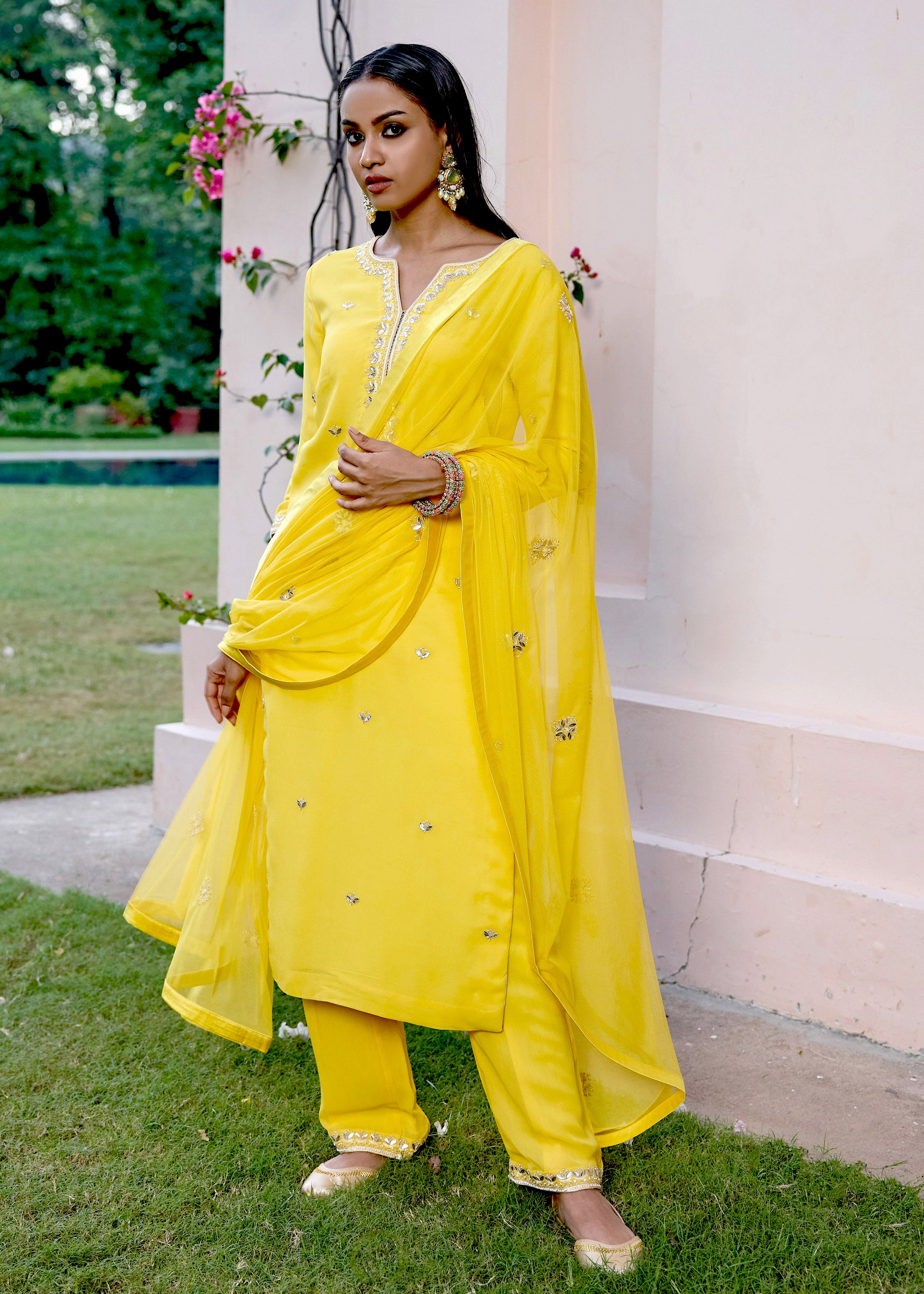 Yellow Georgette Kurta set with gota patti