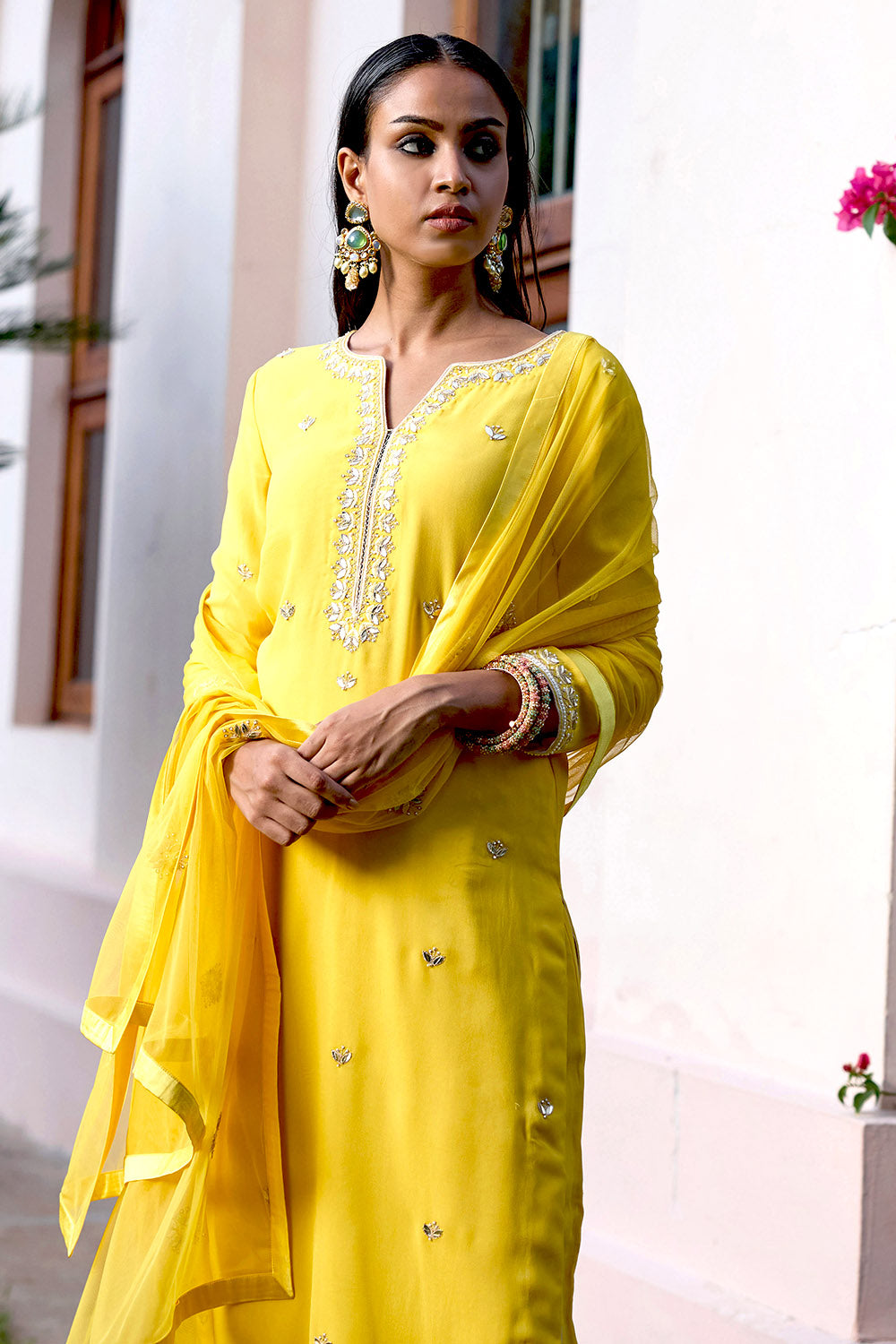 Yellow Georgette Kurta set with gota patti