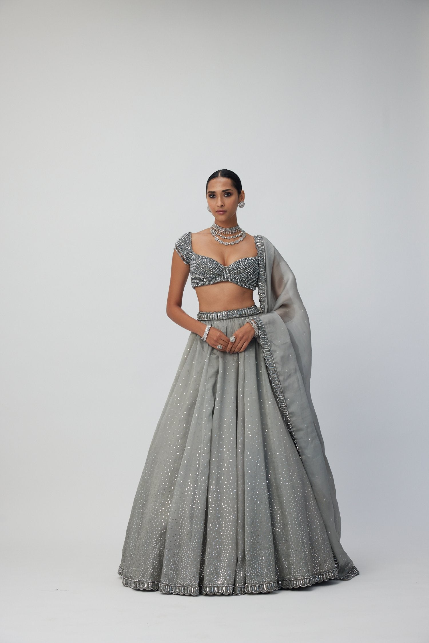 Crystal Grey Sequins Scattered Organza Lehenga Set