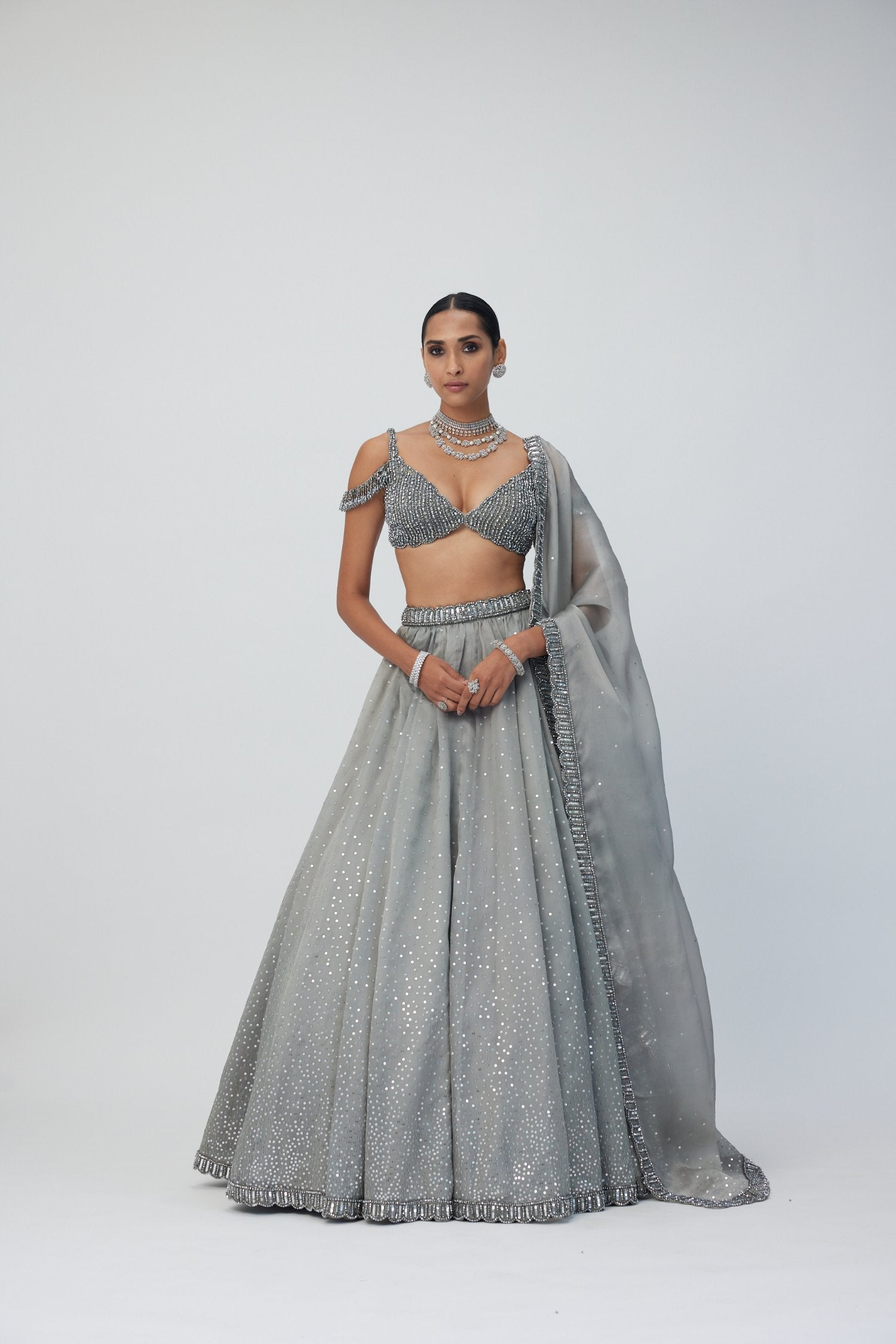 Crystal Grey Sequins Scattered Lehenga Set