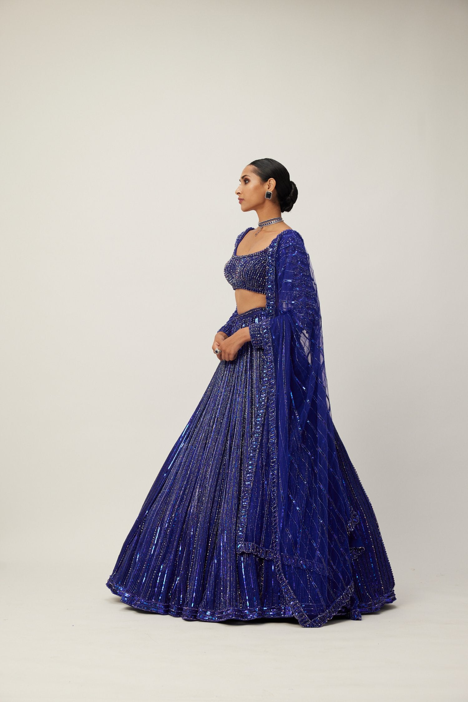 Cocktail blue Crystal linear Embroidered Lehenga Set