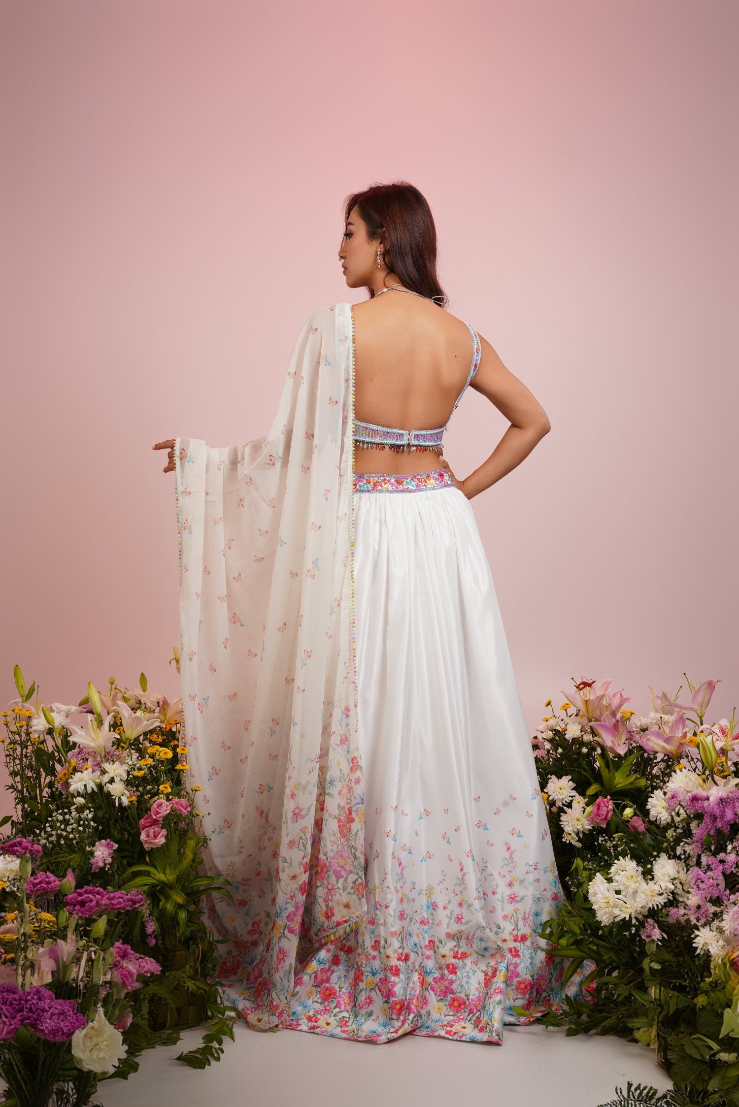 White Floral Printed Embroidered Lehenga Set