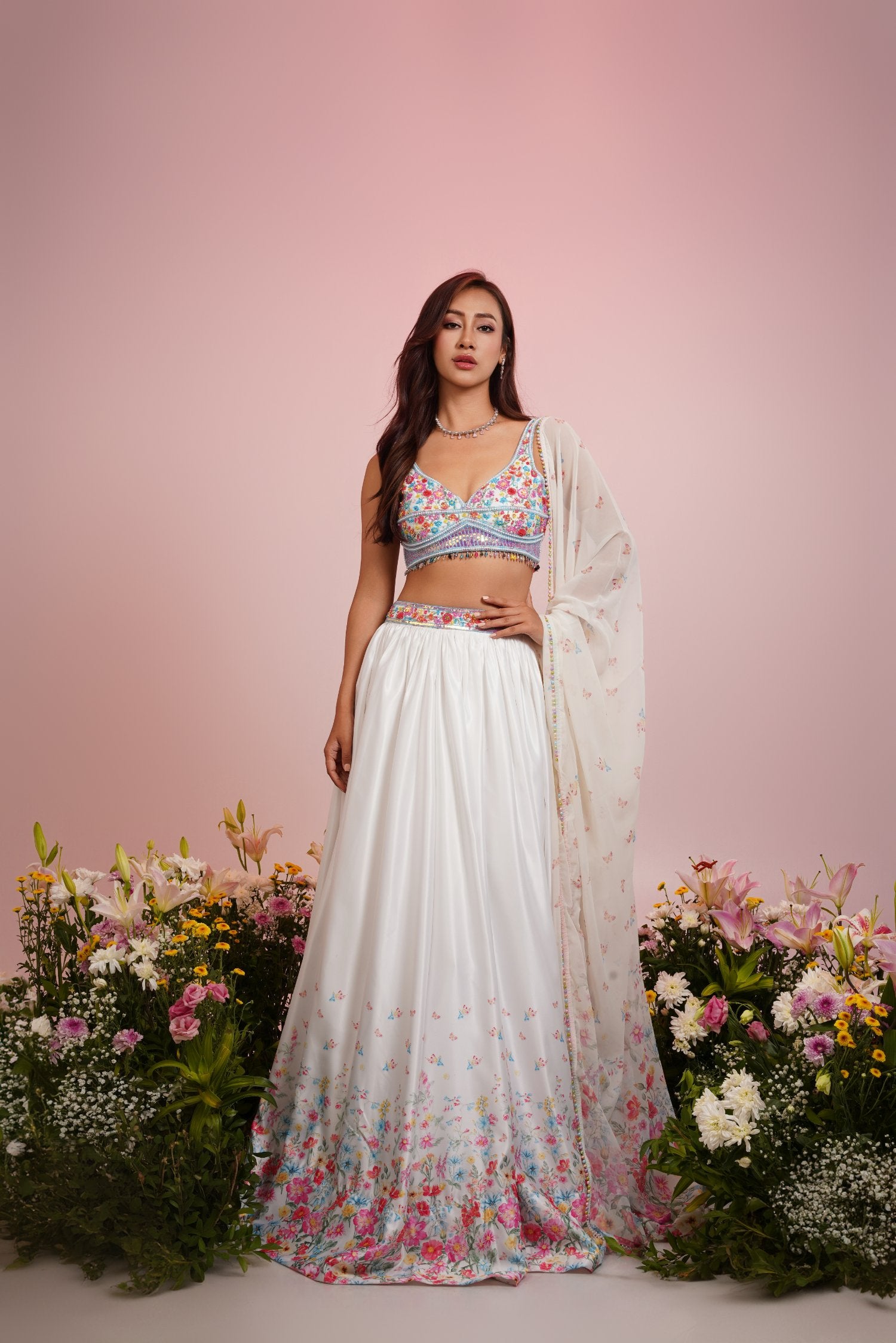 White Floral Printed Embroidered Lehenga Set