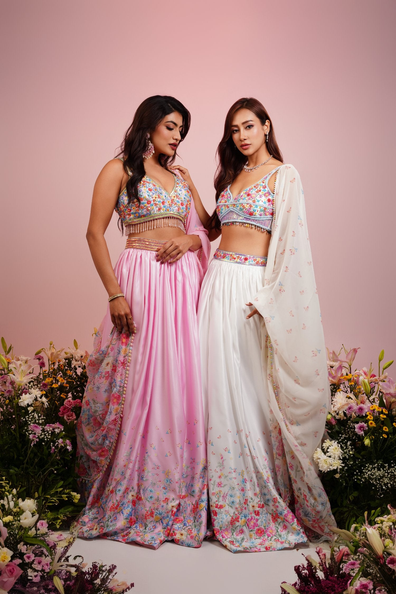 Pink Satin Floral Embroidered Lehenga Set