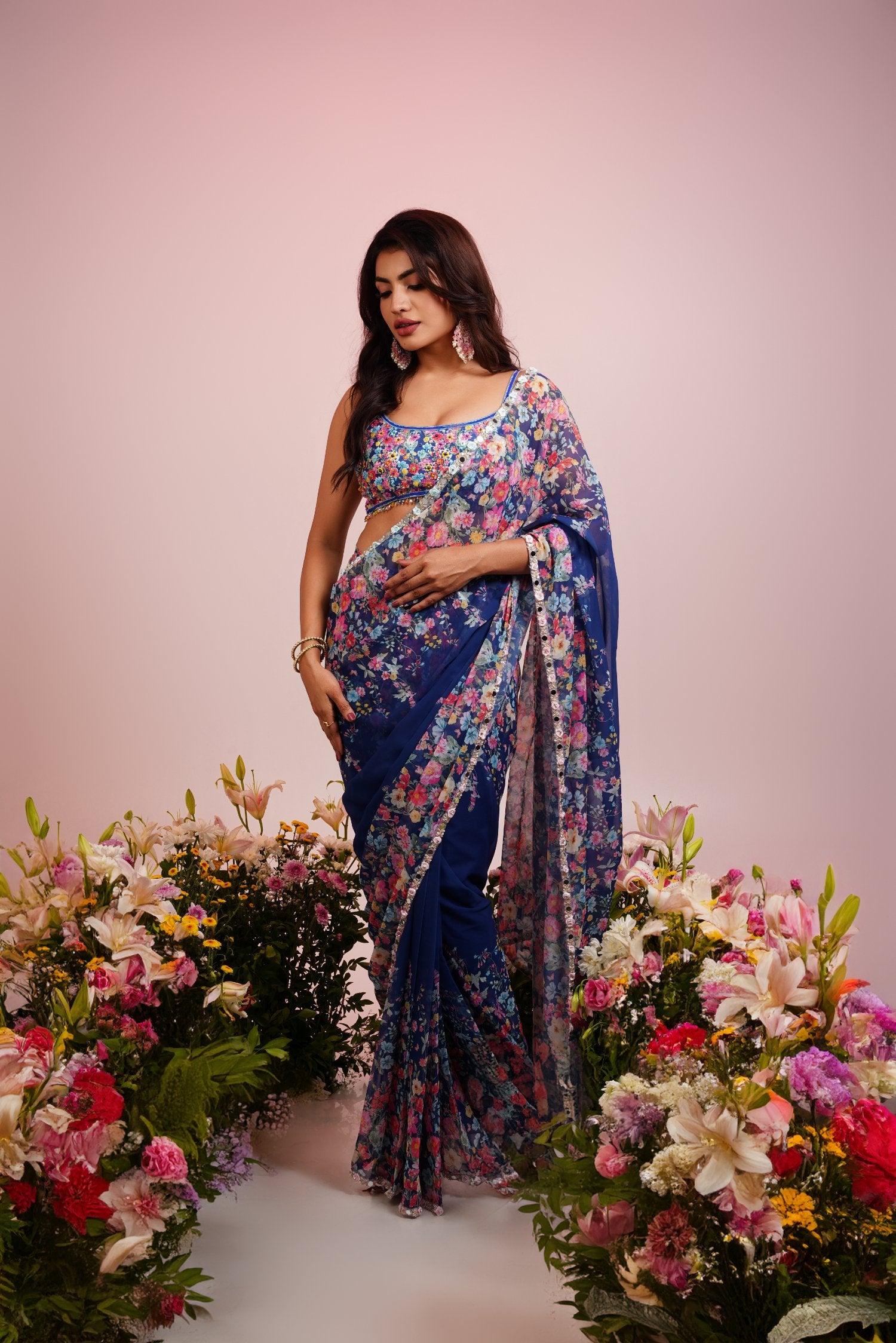 Blue Embroidered Predrape Saree Set