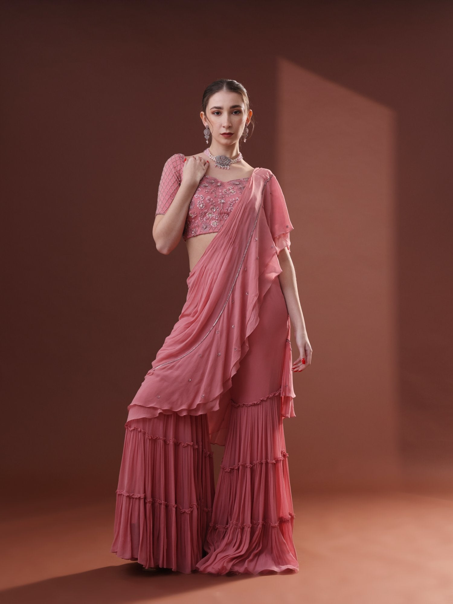 Dark Peach Georgette Pre-Draped Sharara Saree Set