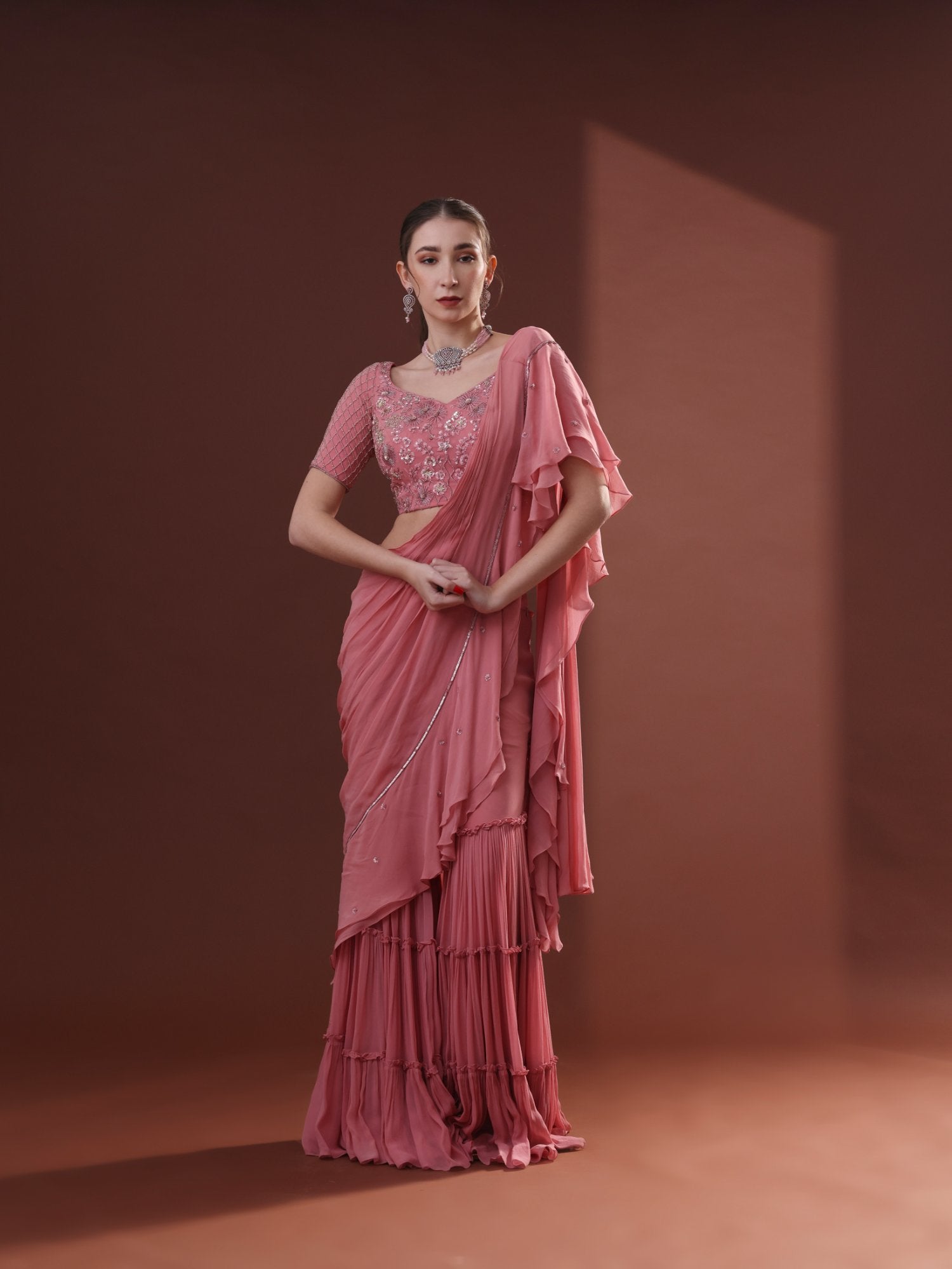 Dark Peach Georgette Pre-Draped Sharara Saree Set