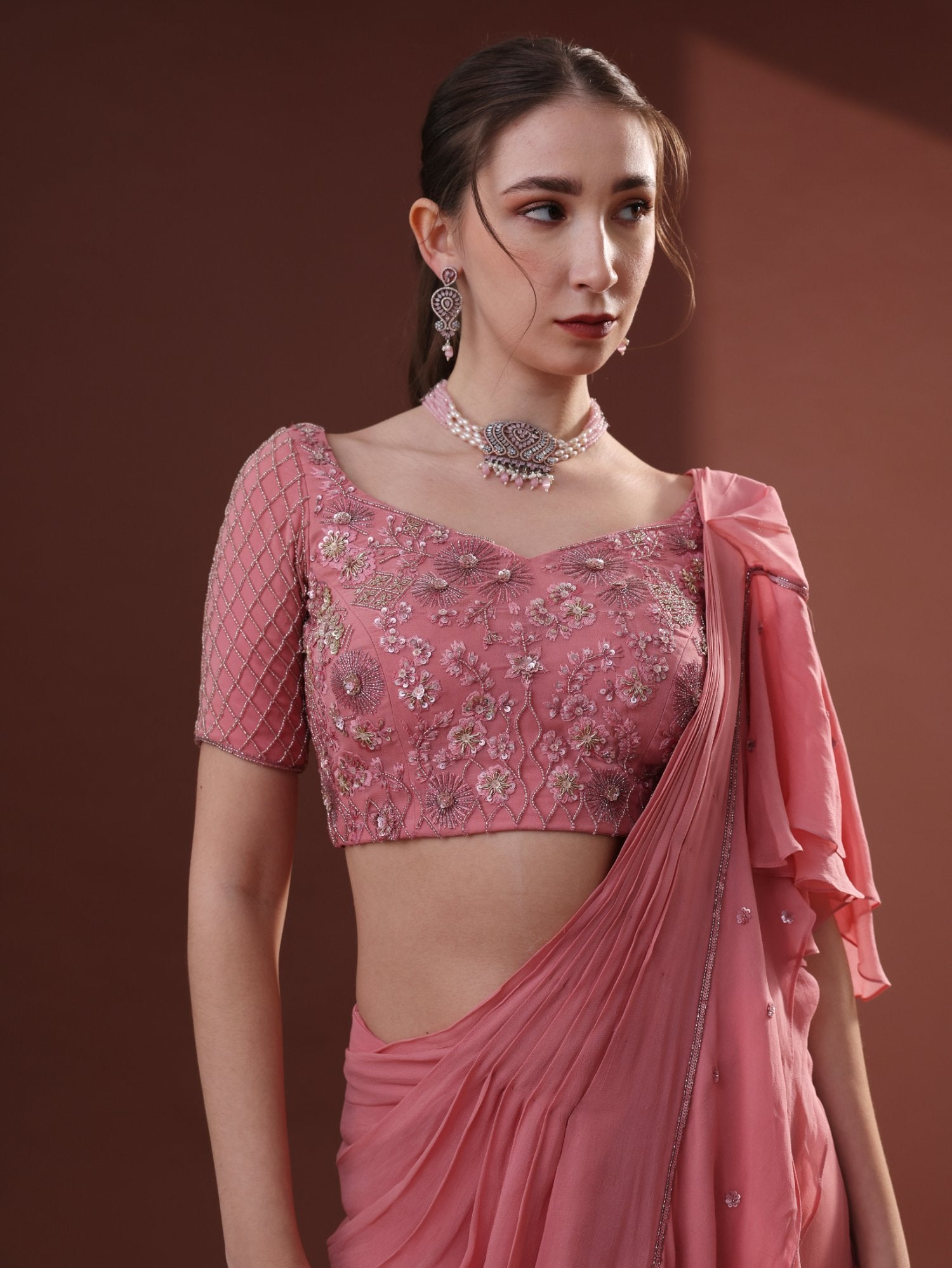 Dark Peach Georgette Pre-Draped Sharara Saree Set