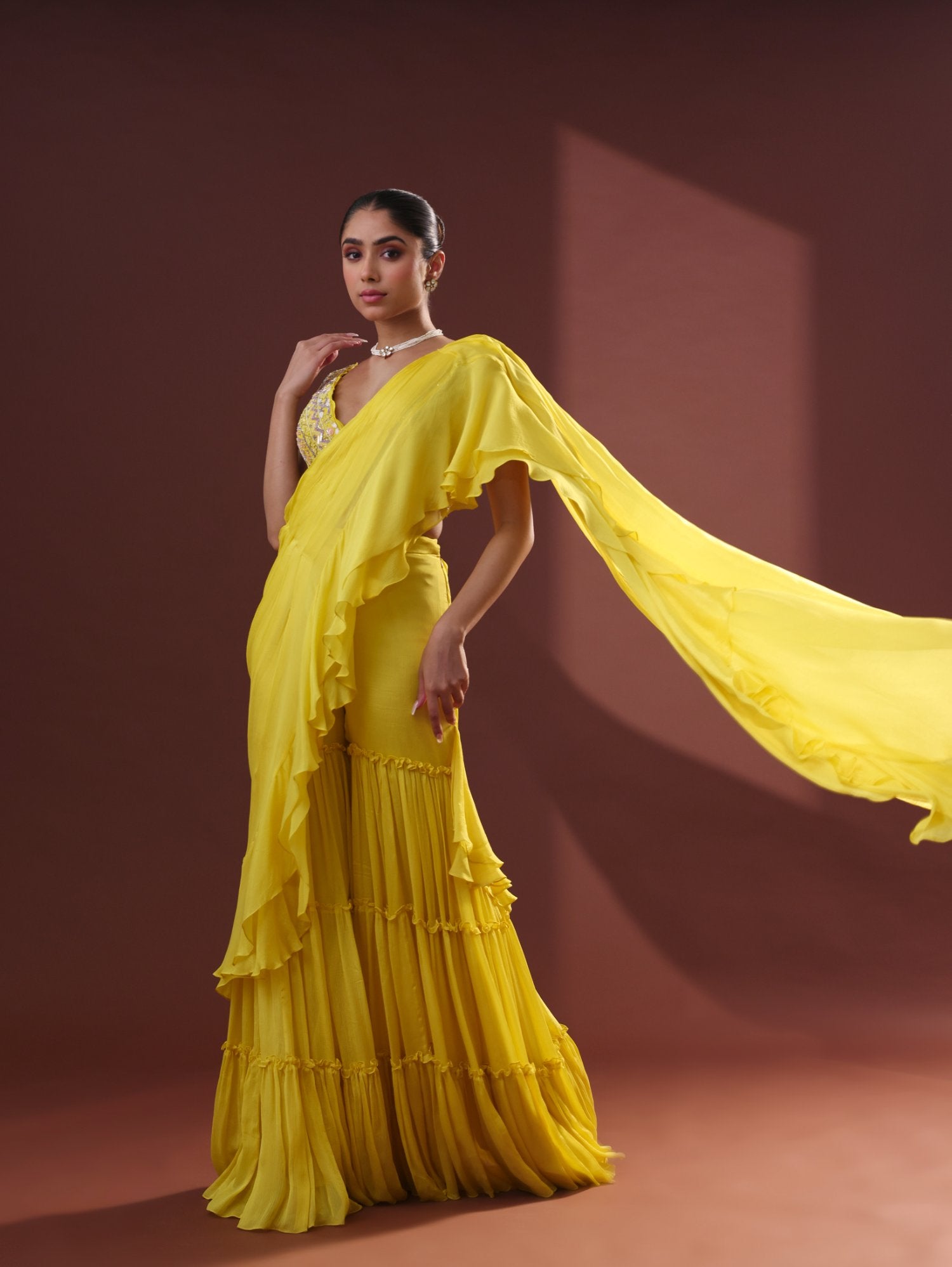 Yellow Georgette Pre-Draped Sharara Saree Set