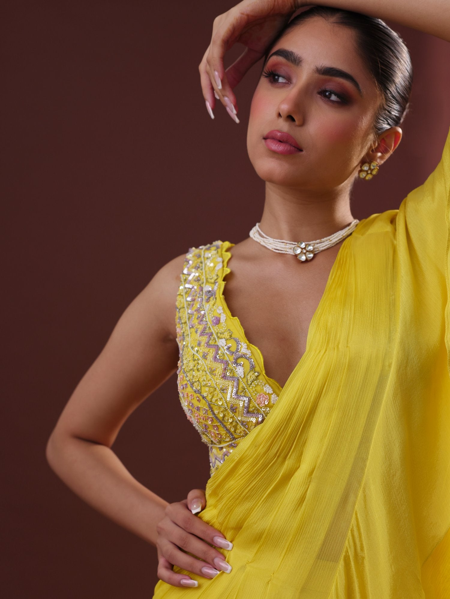 Yellow Georgette Pre-Draped Sharara Saree Set