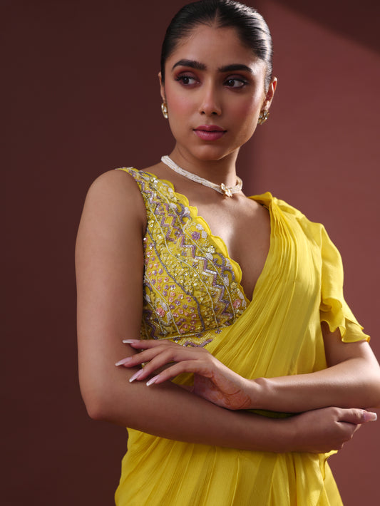 Yellow Georgette Pre-Draped Sharara Saree Set