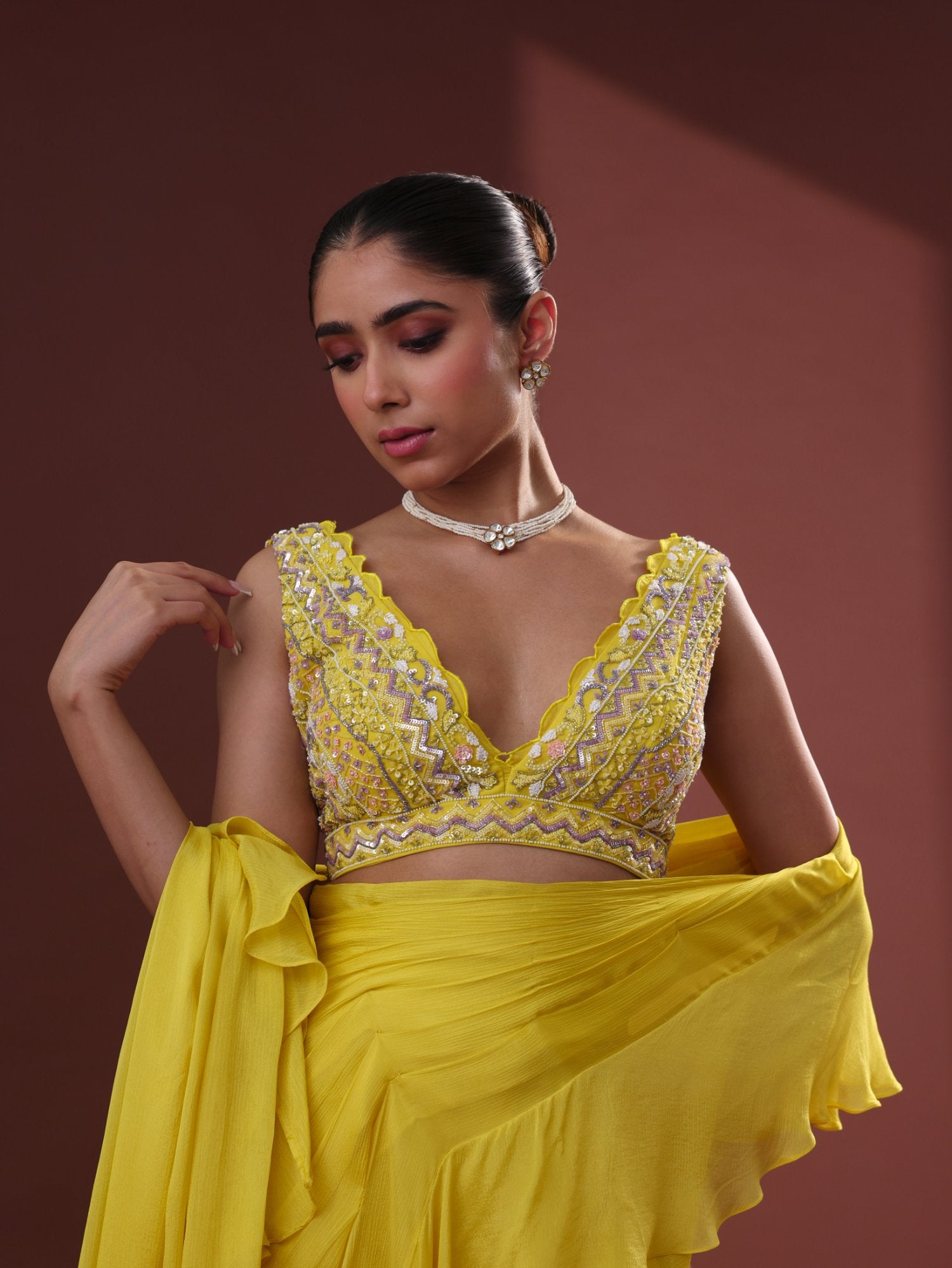 Yellow Georgette Pre-Draped Sharara Saree Set