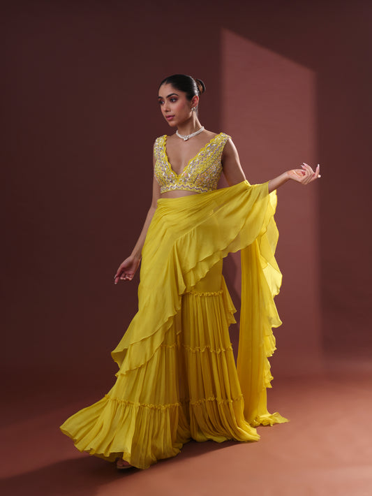 Yellow Georgette Pre-Draped Sharara Saree Set