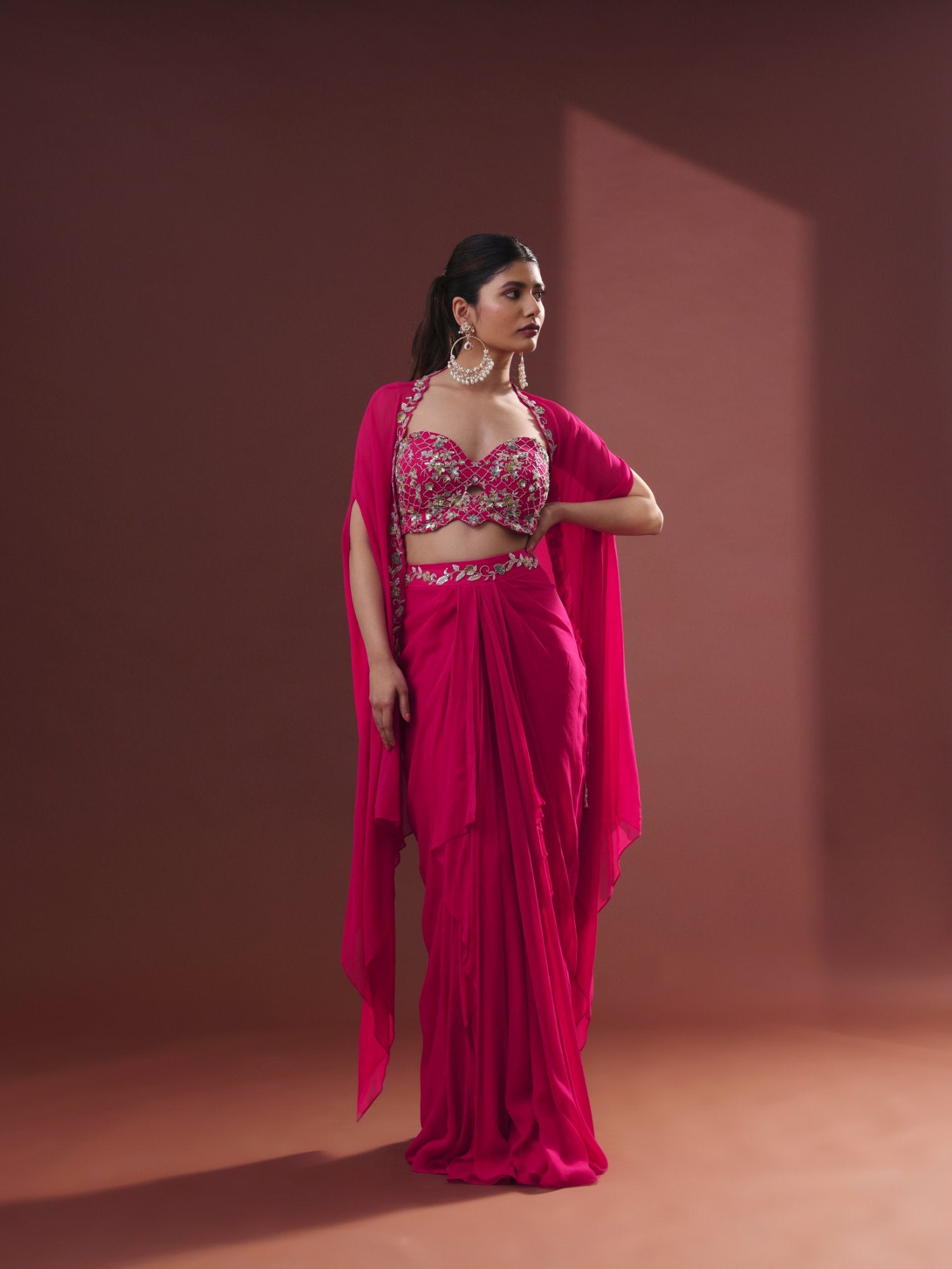 Magenta Pink Georgette Draped Skirt Set