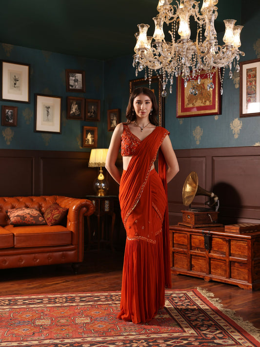 Burnt Orange Georgette Pre-Stitched Saree Set