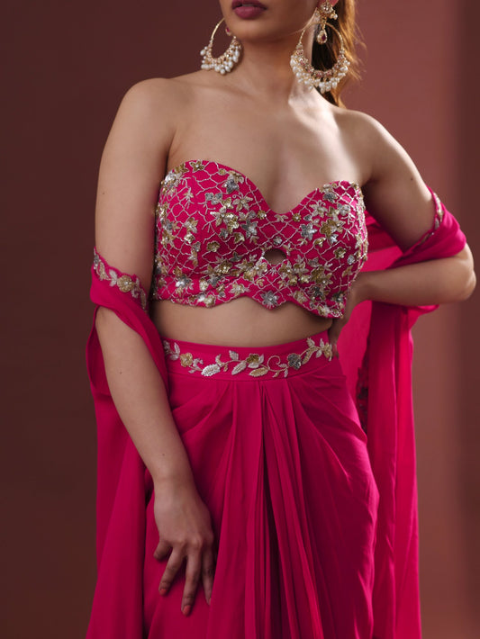 Magenta Pink Georgette Draped Skirt Set