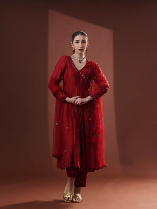 Deep Red Chanderi Anarkali Set