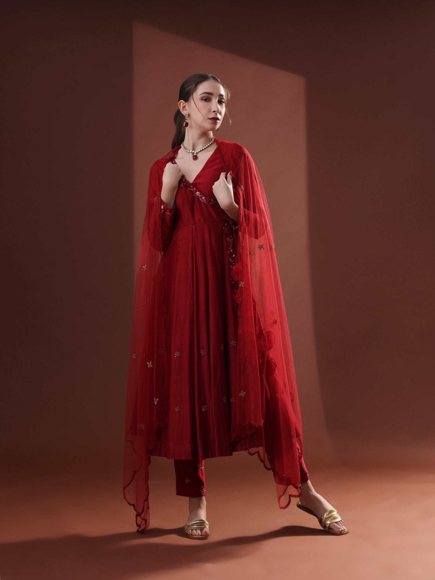 Deep Red Chanderi Anarkali Set