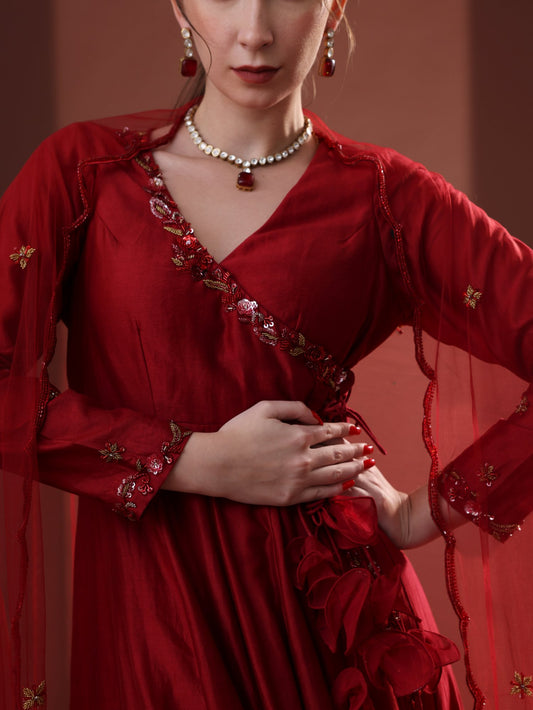 Deep Red Chanderi Anarkali Set