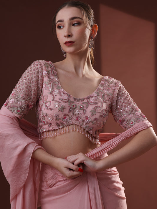 Blush Pink Georgette Pre-Stitched Saree Set