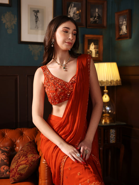 Burnt Orange Georgette Pre-Stitched Saree Set