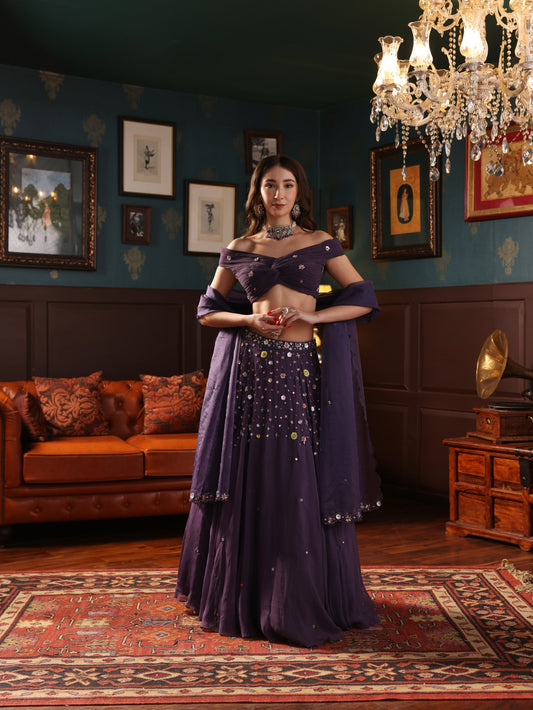 Purple Organza Floral Hand Embroidered Lehenga Set