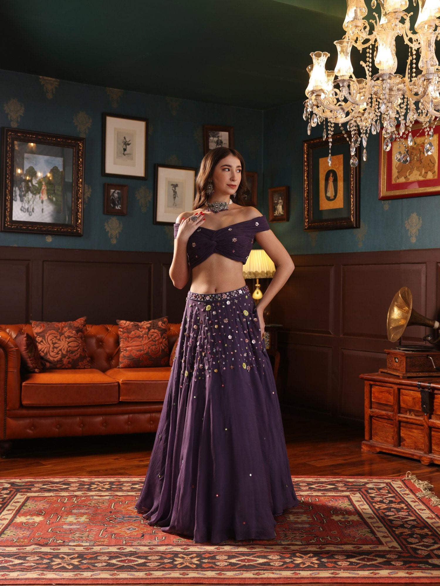 Purple Organza Floral Hand Embroidered Lehenga Set