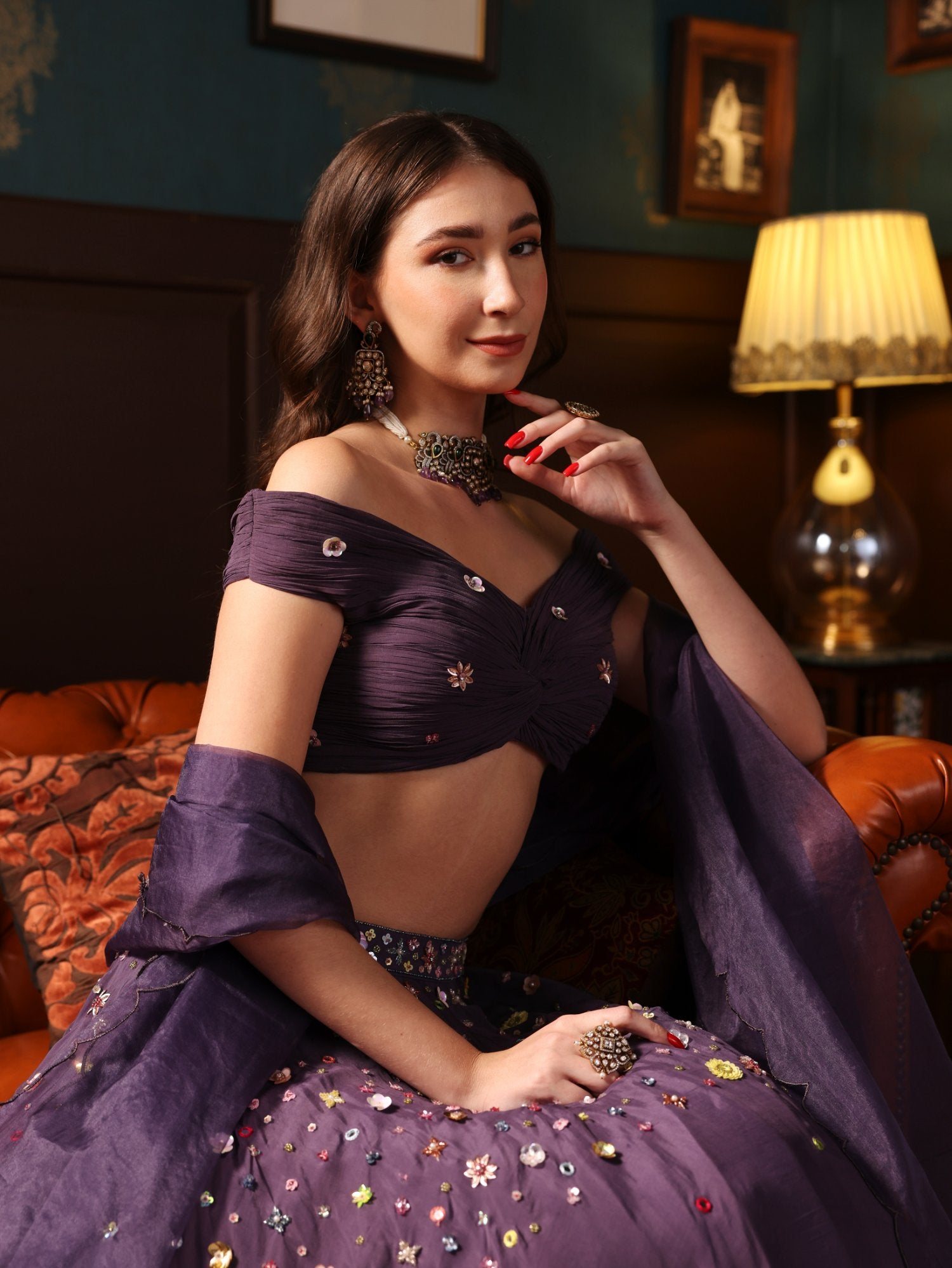 Purple Organza Floral Hand Embroidered Lehenga Set