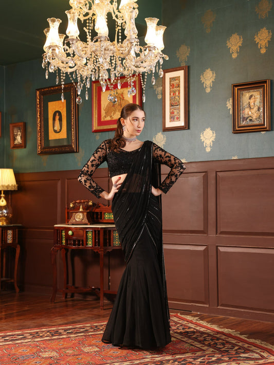 Black Georgette Pre-Draped Saree Set