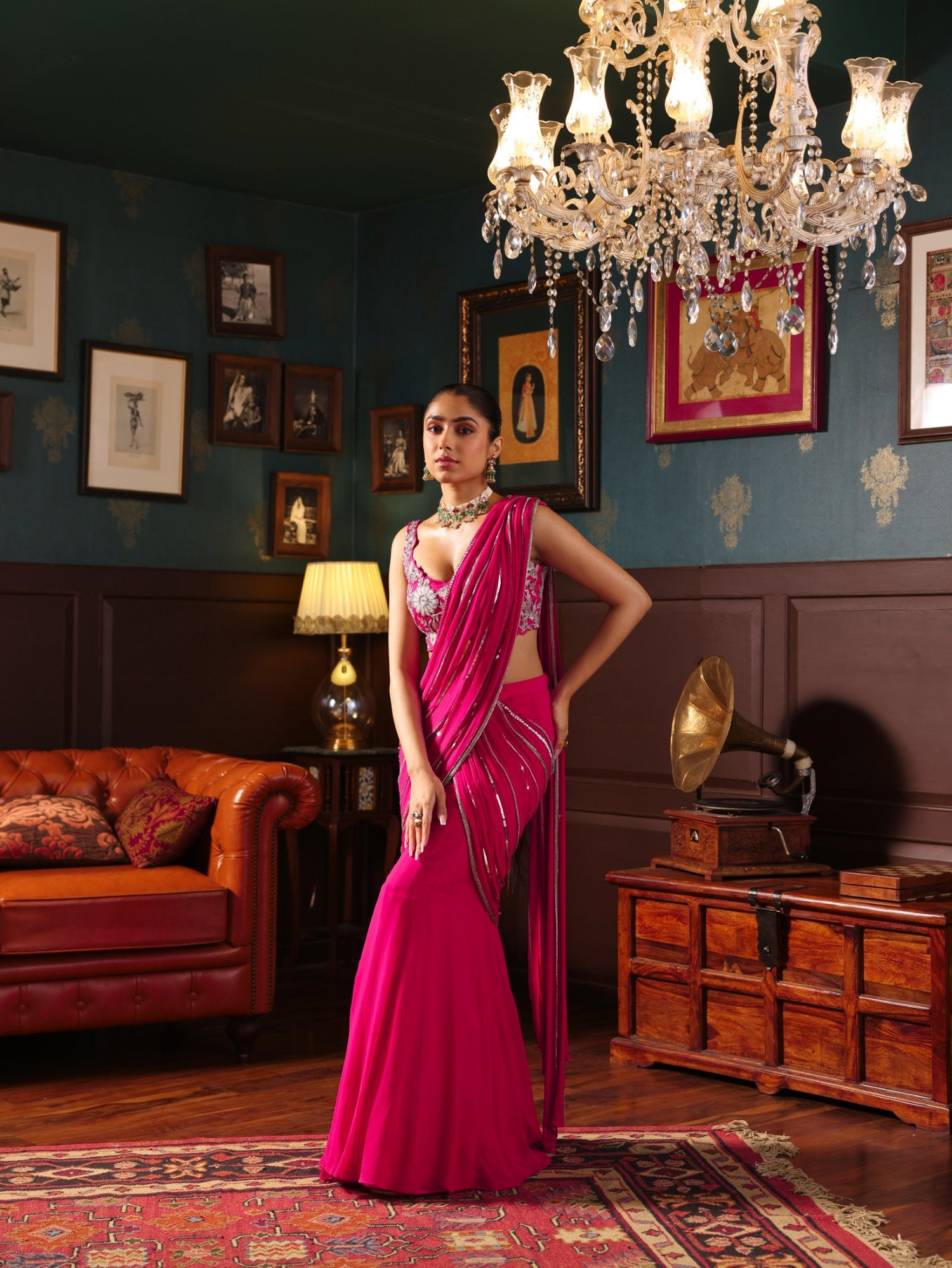 Pink Georgette Pre-Draped Saree Set