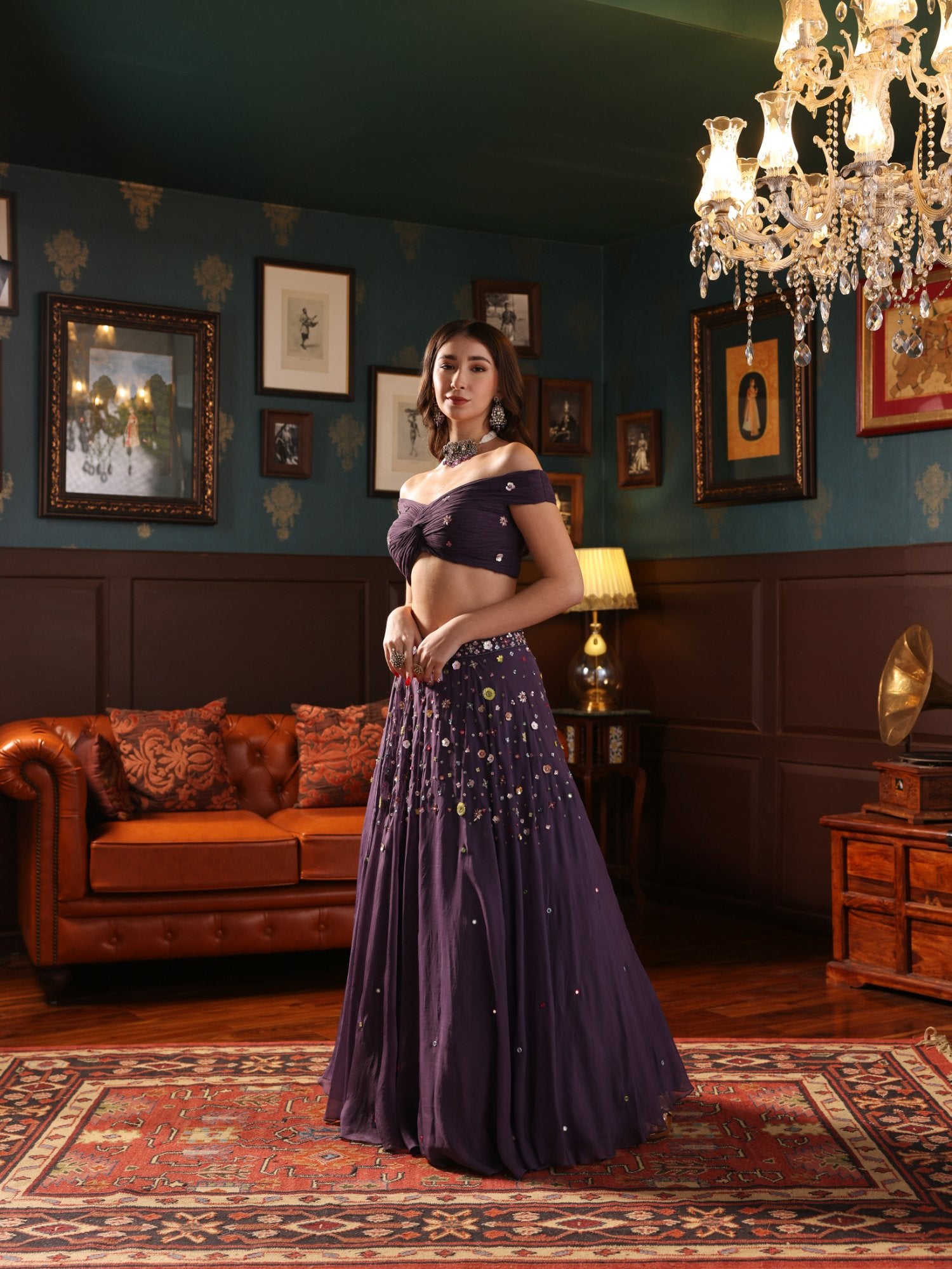 Purple Organza Floral Hand Embroidered Lehenga Set