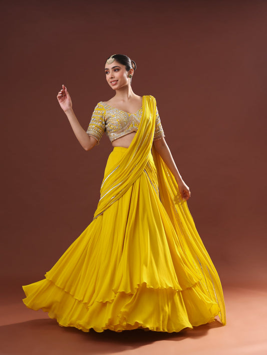 Yellow Georgette Lehenga Saree Set