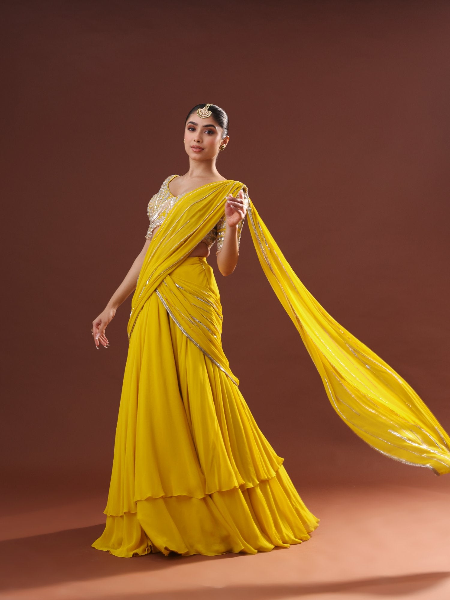 Yellow Georgette Lehenga Saree Set