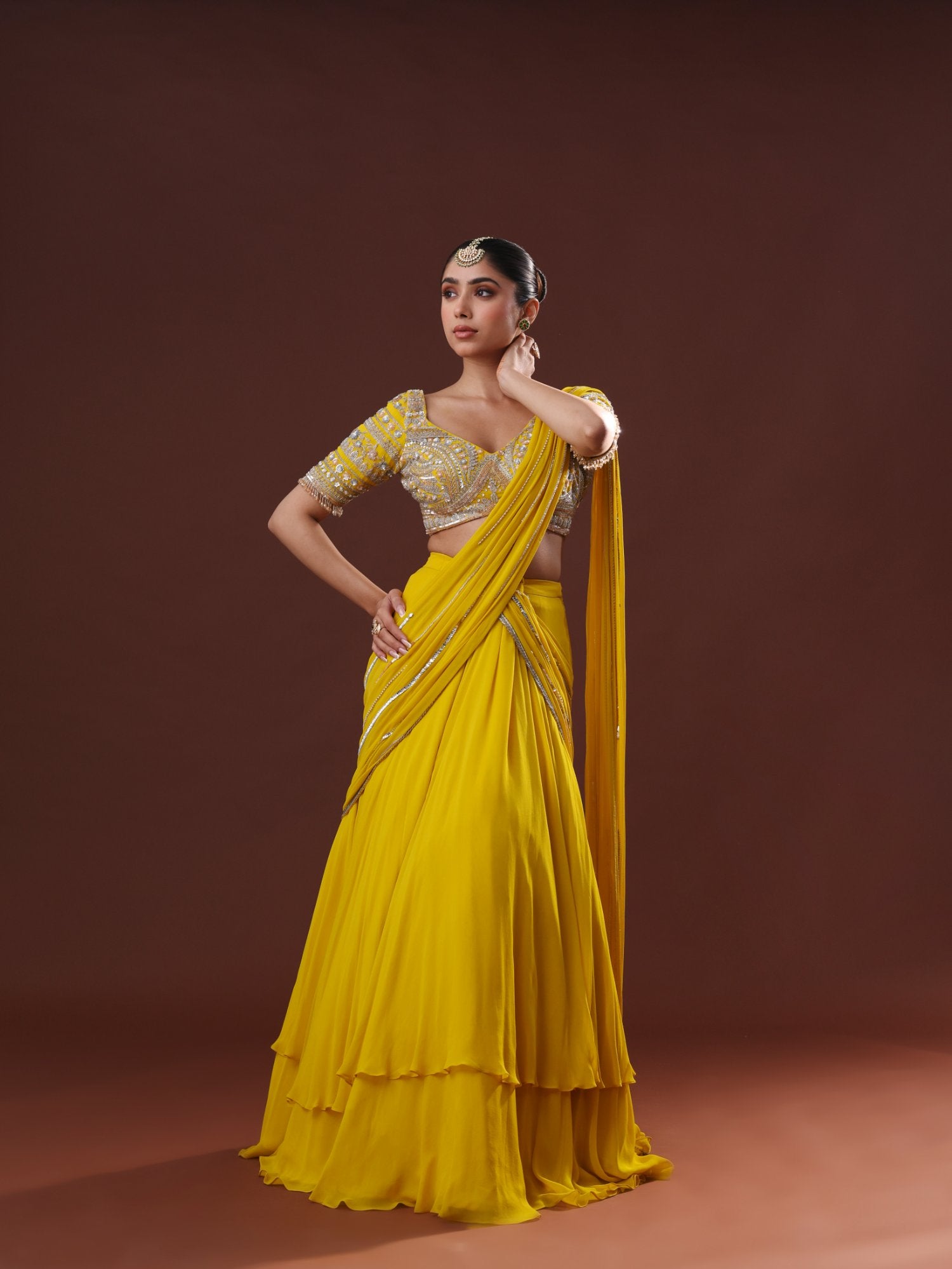 Yellow Georgette Lehenga Saree Set