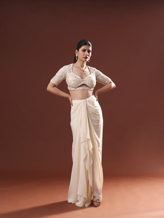 Cream White Georgette Dhoti Skirt Set