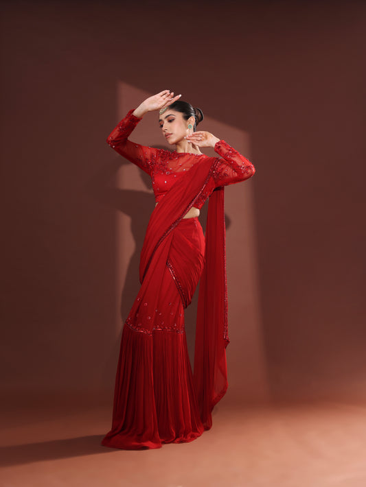 Red Georgette Pleated Pre-Draped Saree Set