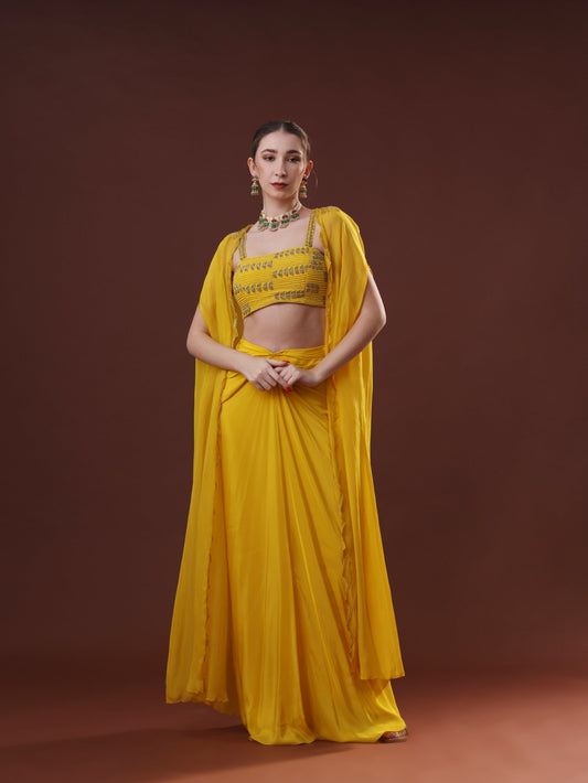 Mustard Crepe Draped Skirt Set