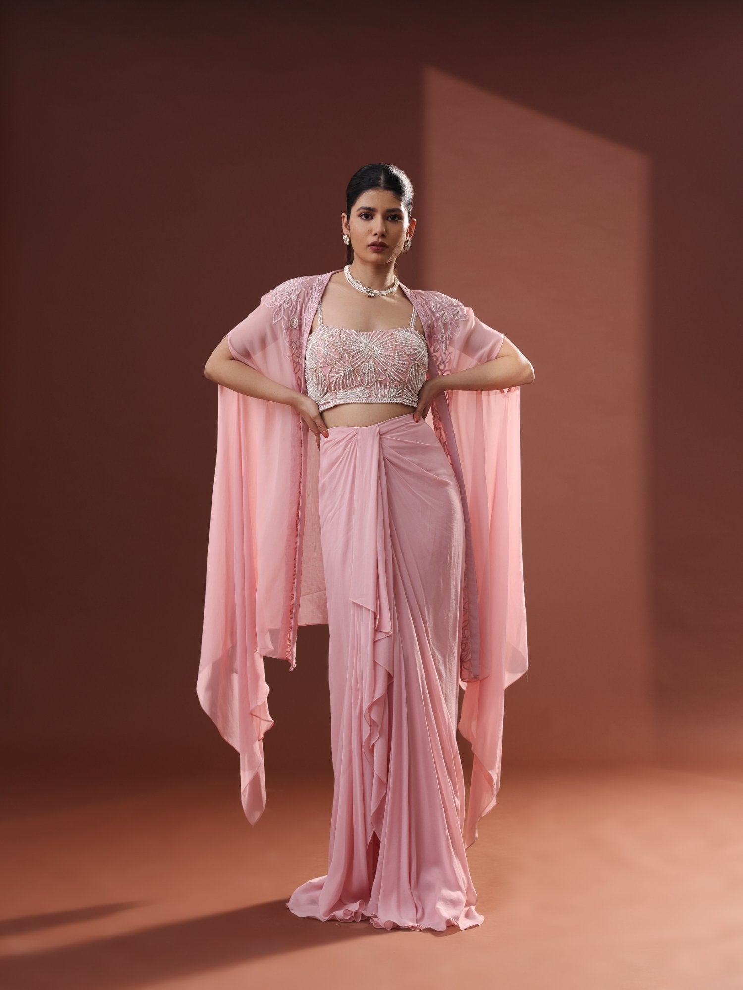 Blush Pink Georgette Draped Skirt Set