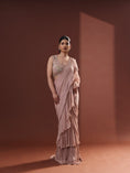 Load image into Gallery viewer, Beige Georgette Pre-Stitched Frilled Saree Set
