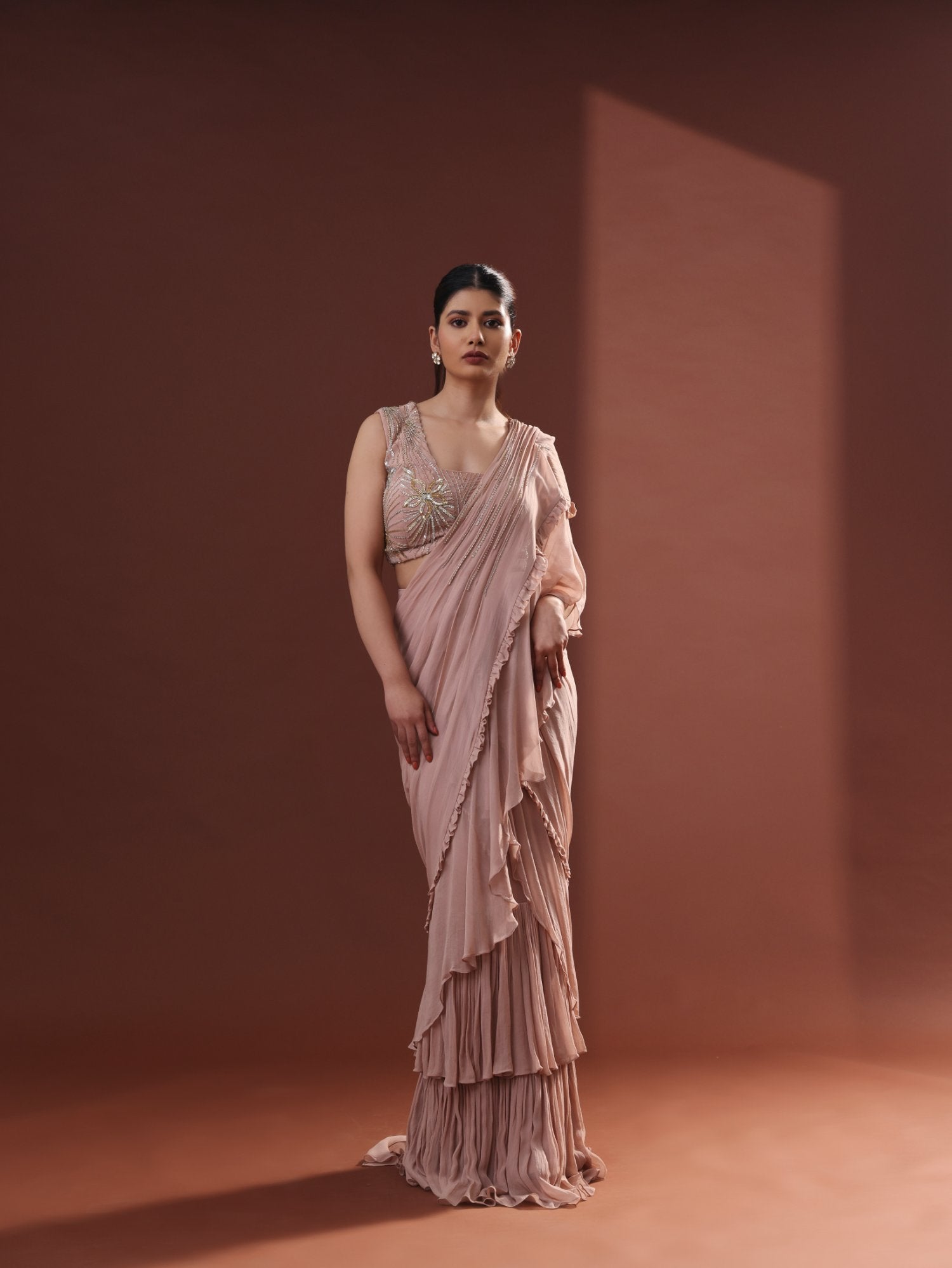 Beige Georgette Pre-Stitched Frilled Saree Set