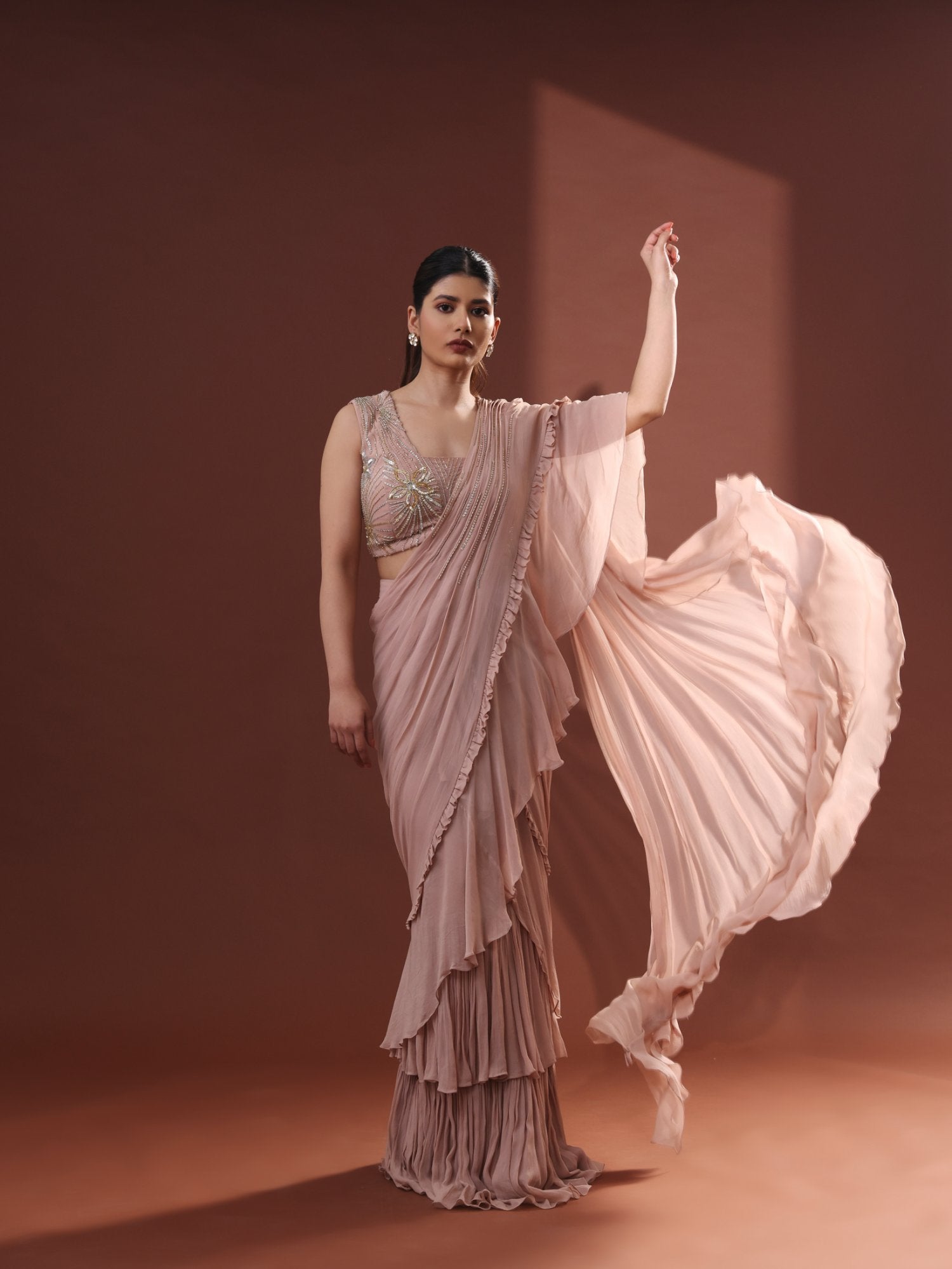 Beige Georgette Pre-Stitched Frilled Saree Set