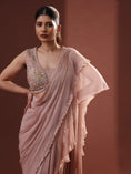 Load image into Gallery viewer, Beige Georgette Pre-Stitched Frilled Saree Set
